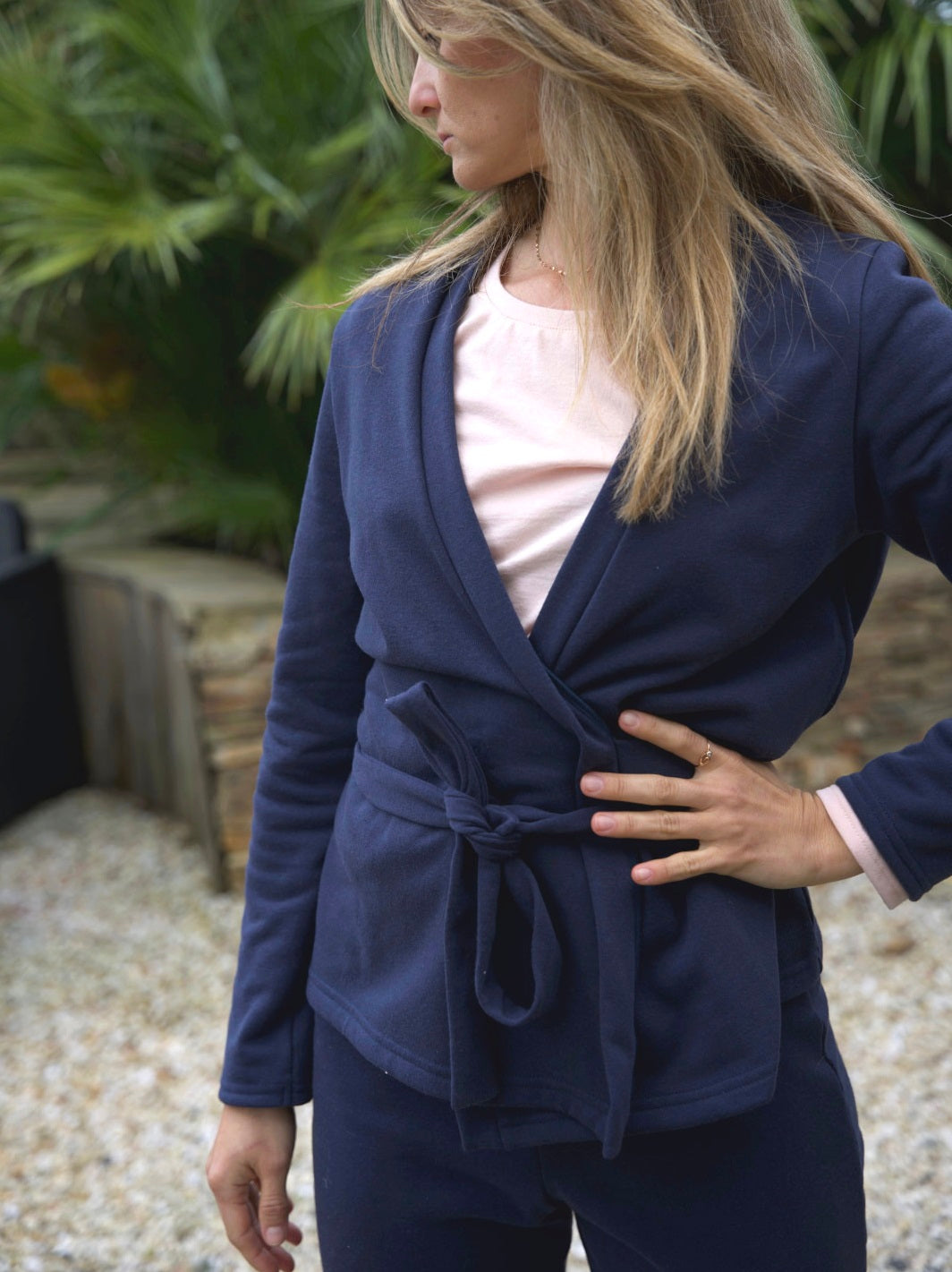 géopélie - ensemble pyjama pantalon kimono marine uni ecoresponsable et made in france