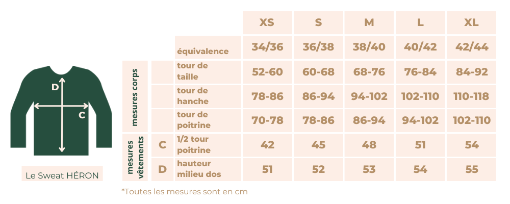 guide des tailles sweat yoga ecoresponsable