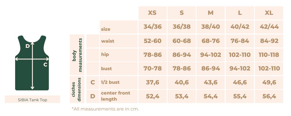 size guide sibia yoga tank top