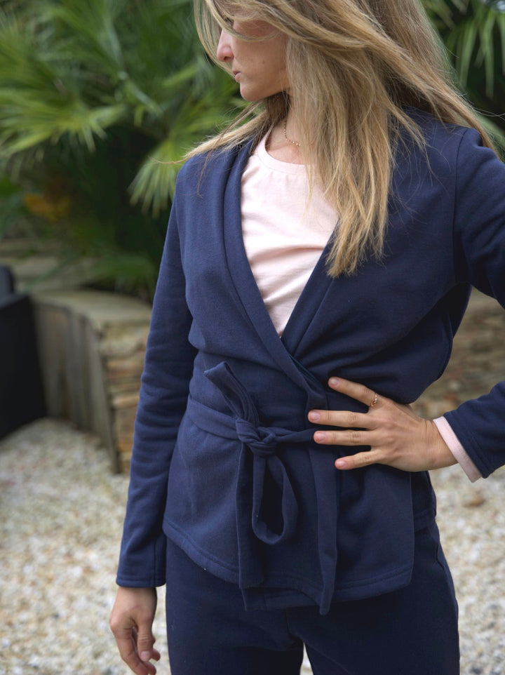 géopélie - ensemble pyjama pantalon kimono marine uni ecoresponsable et made in france 