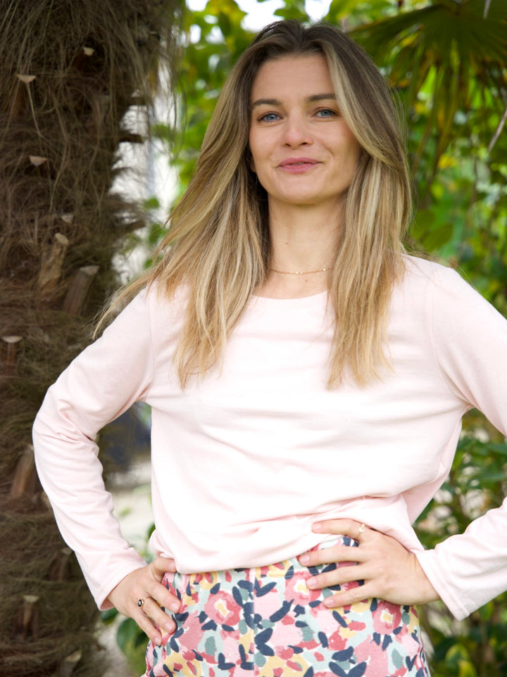 t-shirt de yoga manches longues pivert rose ecoresponsable et made in france